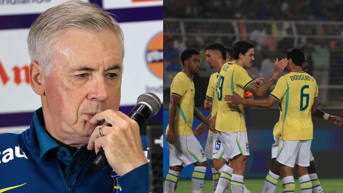 Carlo Ancelotti en rueda de prensa y jugadores de Brasil celebran un gol ante India