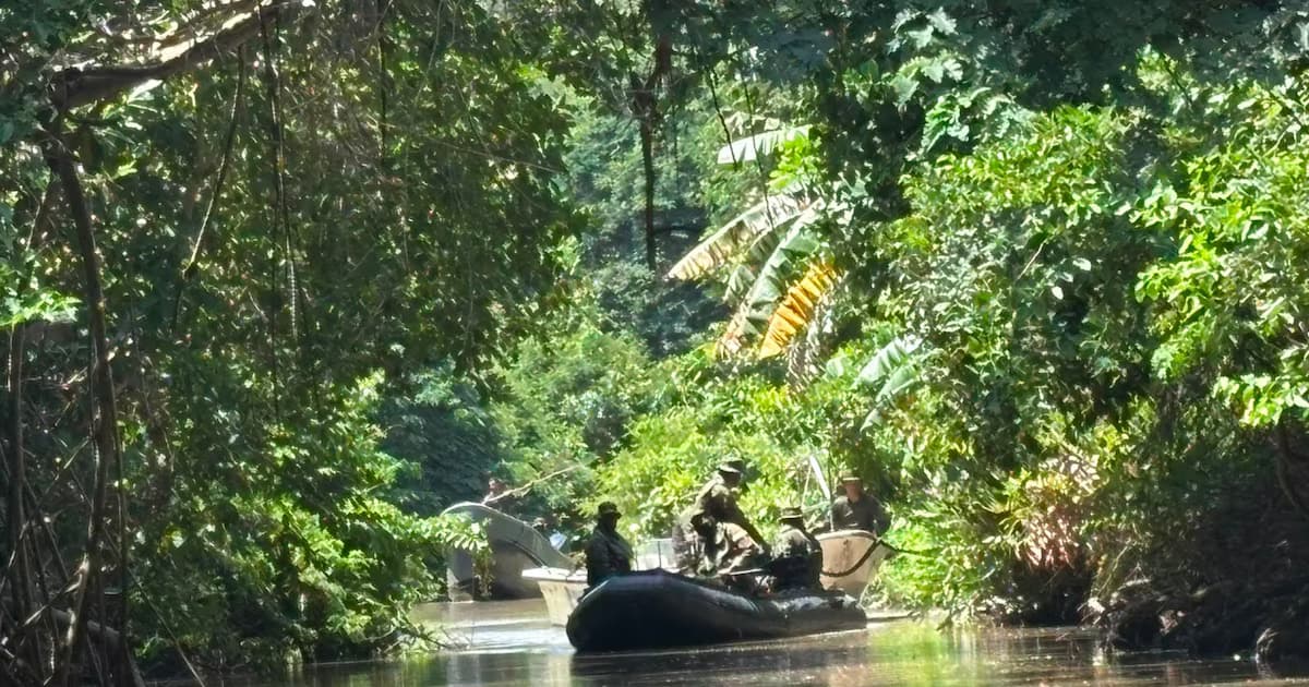 Militares navegan en lanchas por un caño estrecho entre vegetación densa durante una operación en zona rural