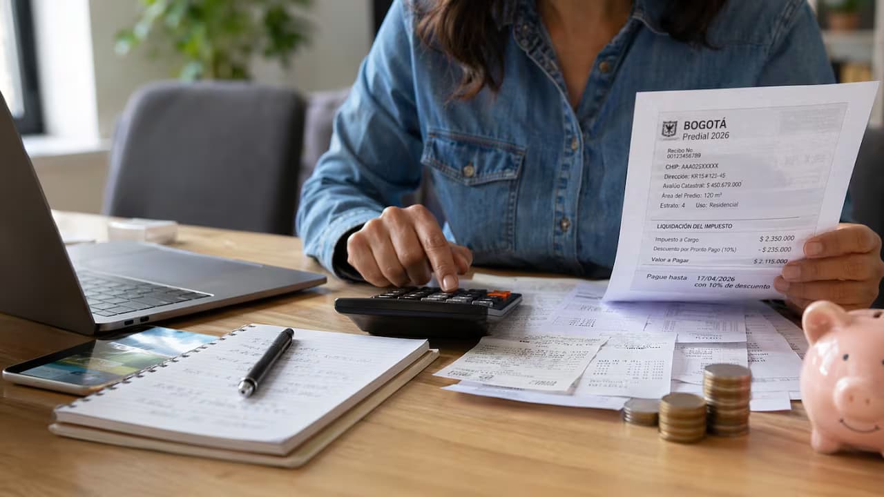 Una mujer usa una calculadora frente a un recibo de impuestos distritales de Bogotá y varios papeles sobre una mesa