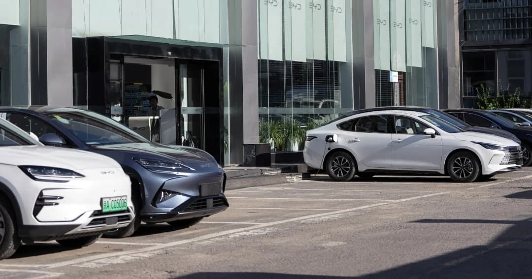 Carros eléctricos estacionados frente a un concesionario de BYD en China