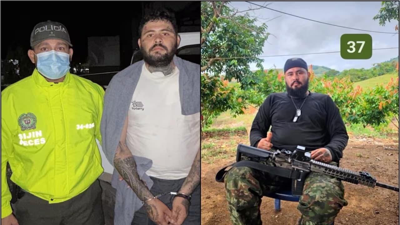 Un policía de la Sijín junto al capturado alias Brayan Ross, esposado