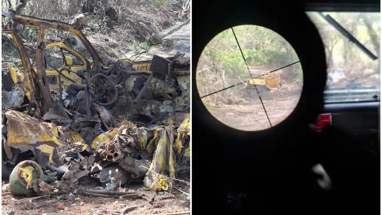 Restos calcinados del taxi detonado y el vehículo visto a través de la mira de un arma militar