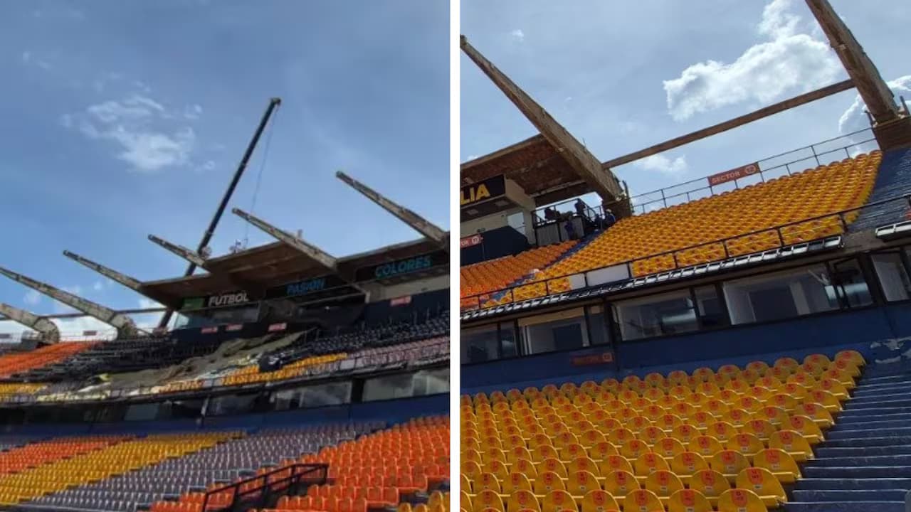 Obras de desmonte de la cubierta de la tribuna occidental del estadio Atanasio Girardot, en Medellín