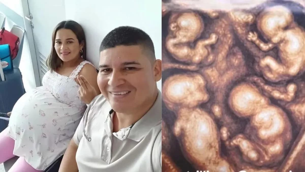 Kettis María Tapia y Jonatan Zapa, padres de los cuatrillizos, junto a una ecografía de los cuatro bebés