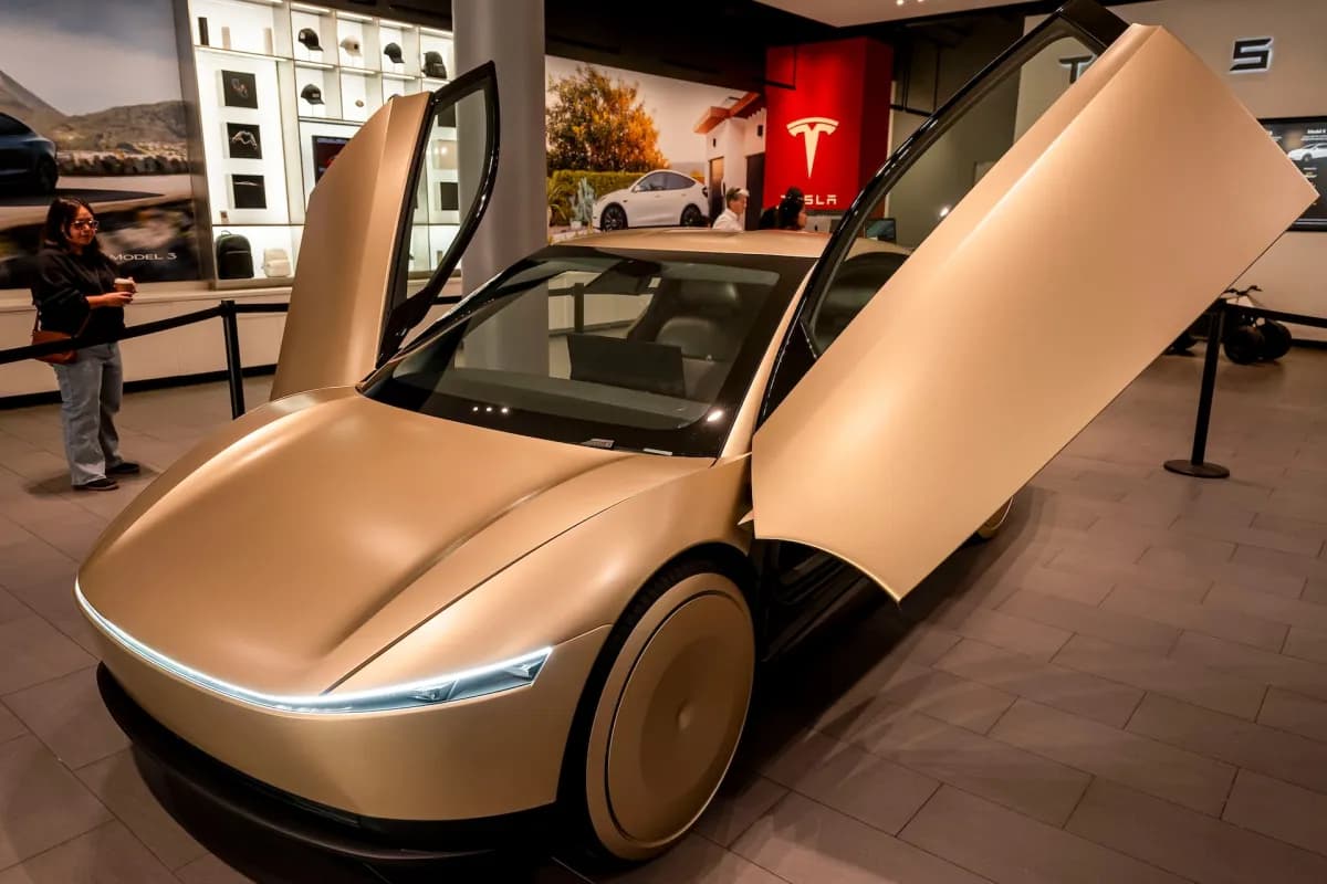 Un Cybercab de Tesla, con las puertas abiertas, exhibido en una tienda de la marca
