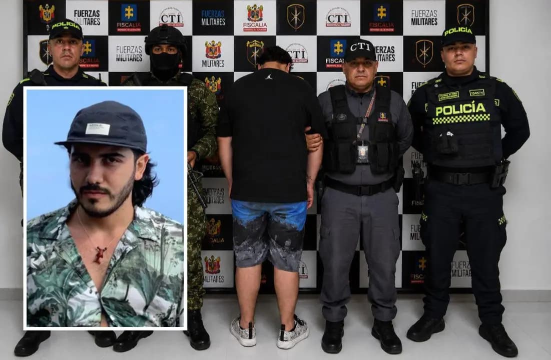 Un detenido de espaldas custodiado por policías y agentes del CTI; en el recuadro, el ingeniero forestal Andrés Camilo Peláez