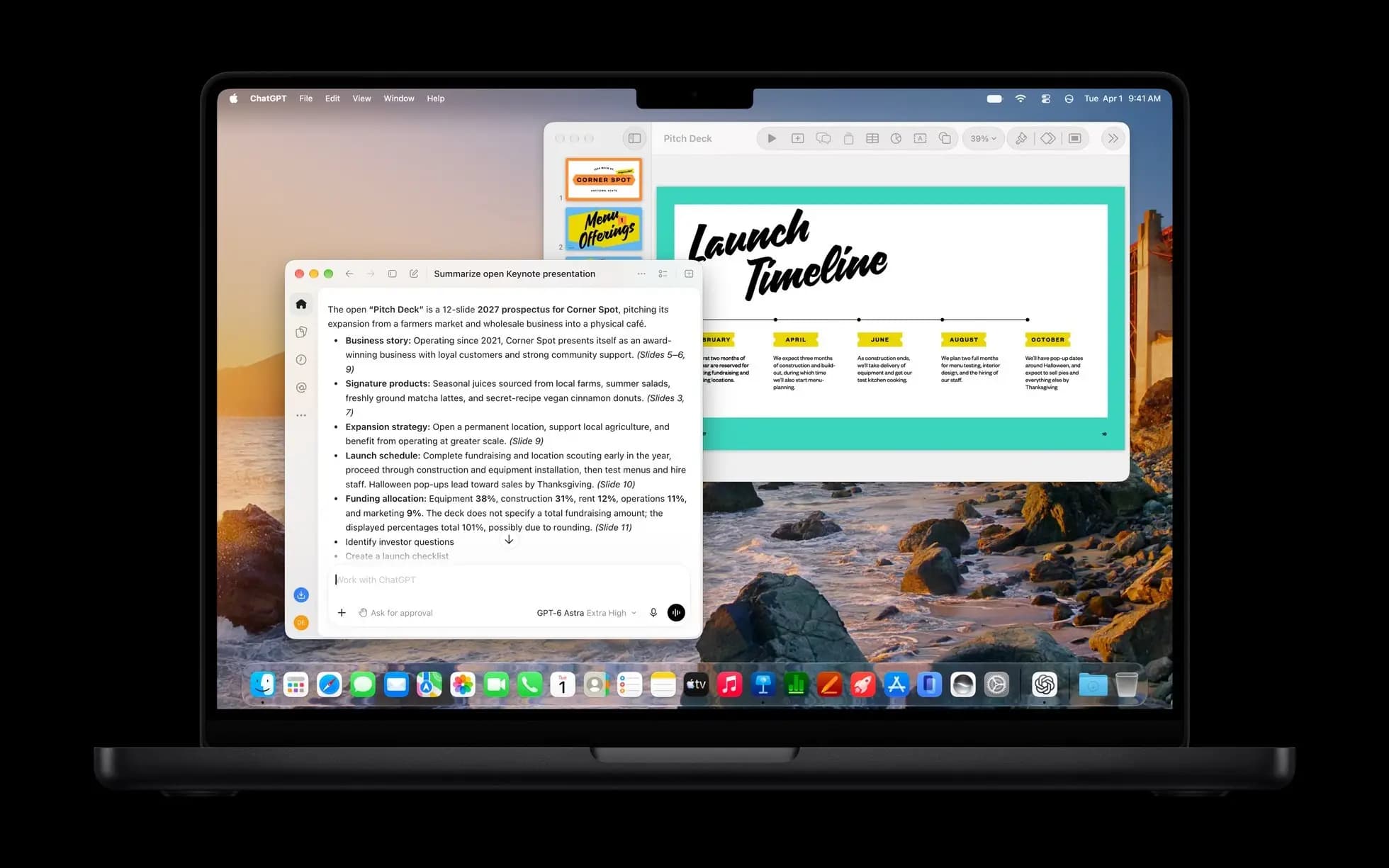 Un MacBook Pro muestra el asistente de IA resumiendo una presentación de Keynote
