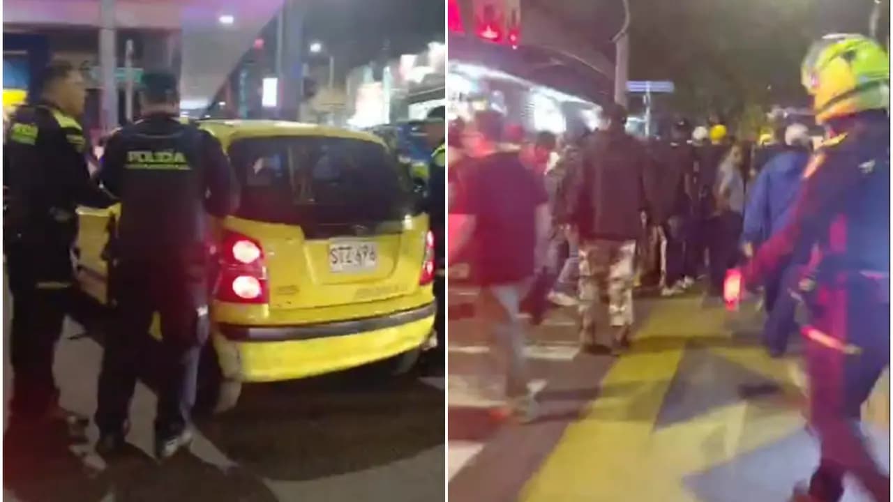Policías junto a un taxi y transeúntes en la avenida Oriental de Medellín tras la balacera
