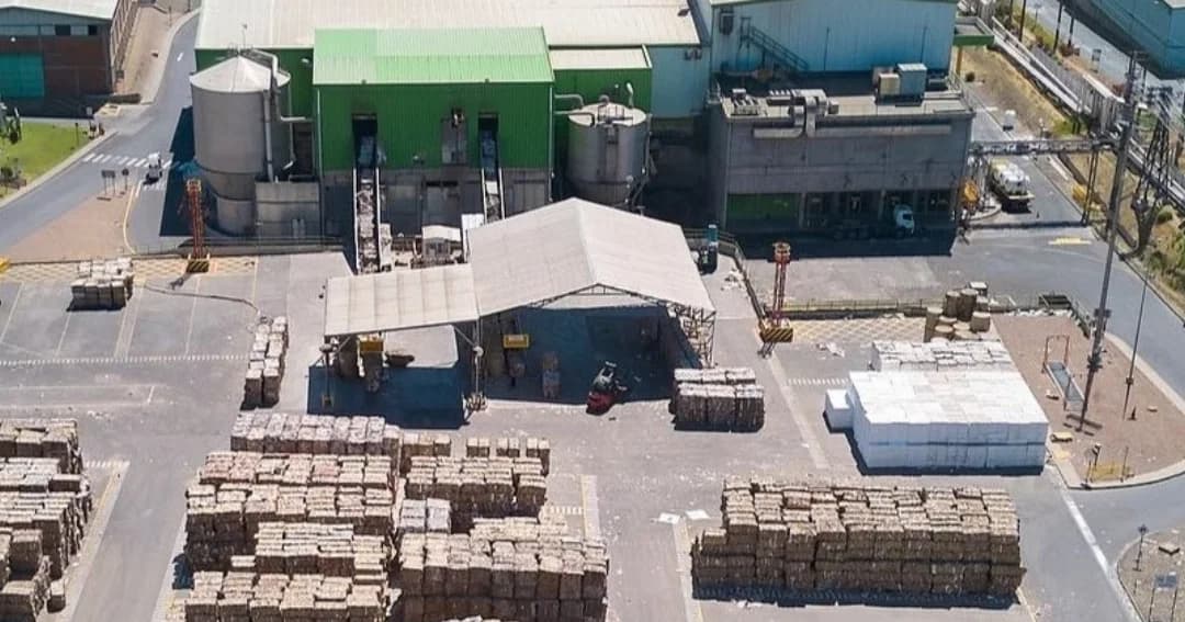 Vista aérea de una planta de papel reciclado con pacas de fibra en el patio