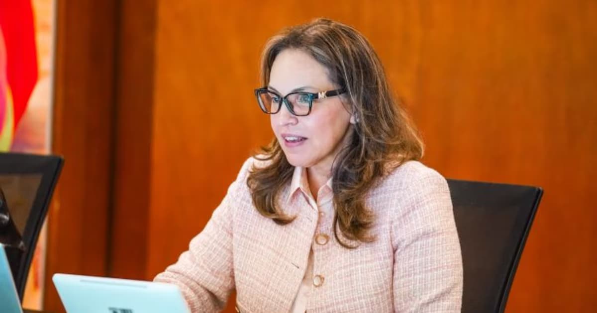 La ministra de Educación, de saco rosado y gafas, habla sentada ante un computador portátil durante una reunión