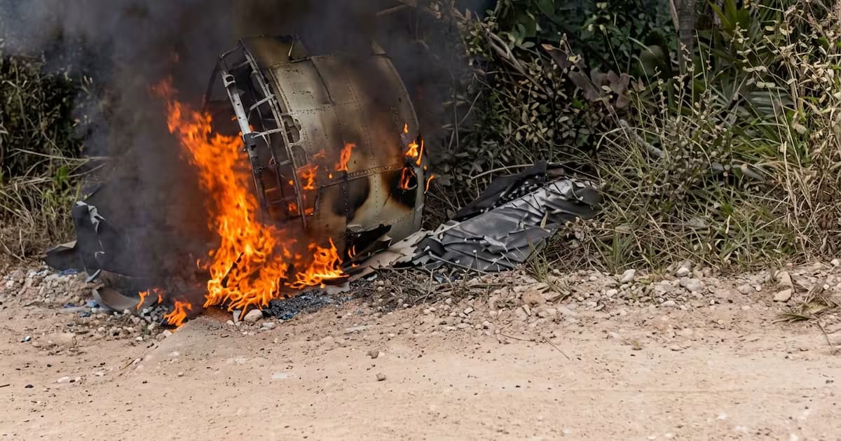 Restos en llamas de un vehículo en una zona rural