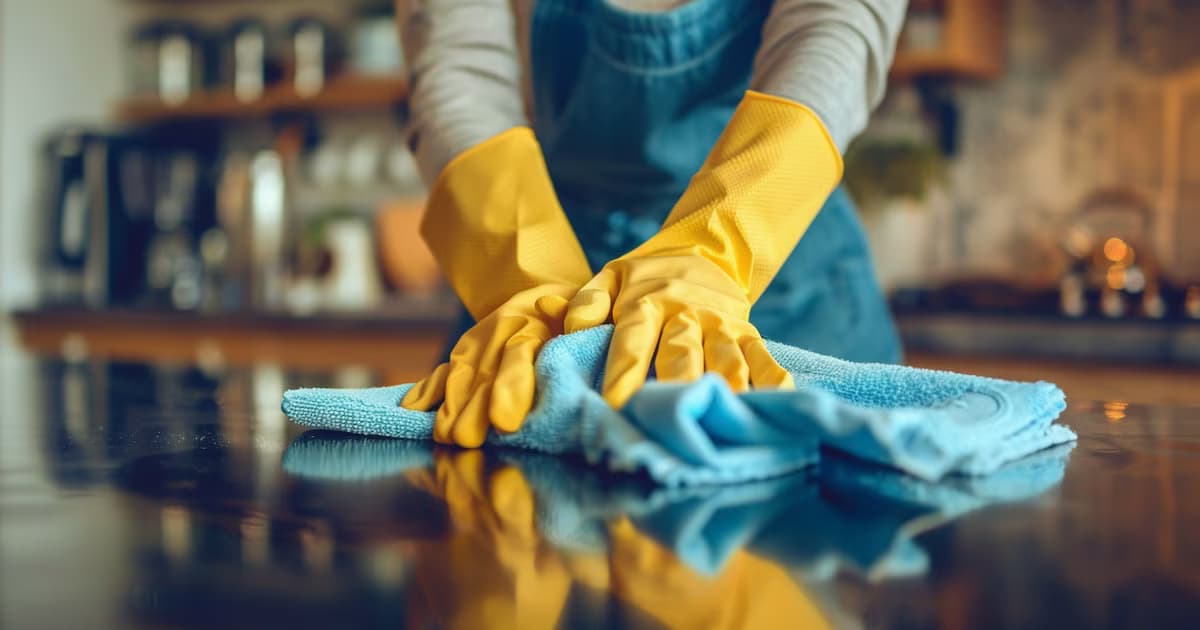 Manos con guantes limpian una superficie de cocina