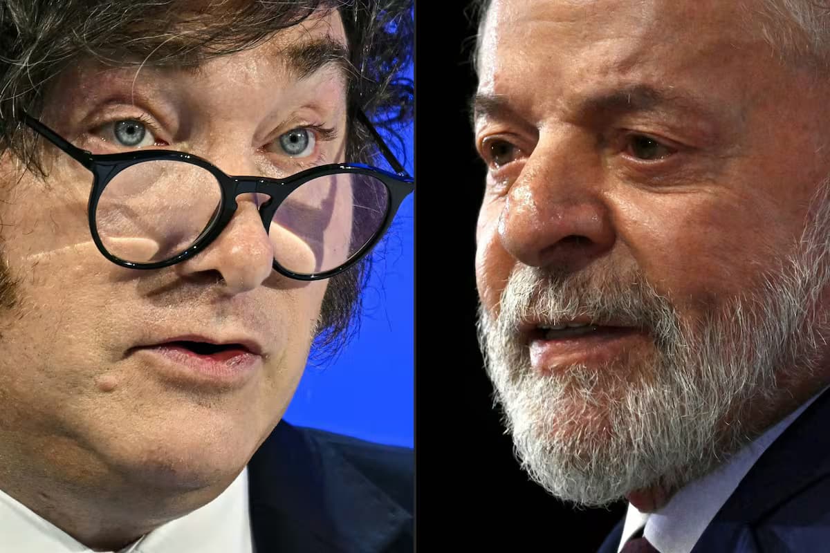 Montaje de primeros planos de Javier Milei, con gafas redondas, y de Luiz Inácio Lula da Silva