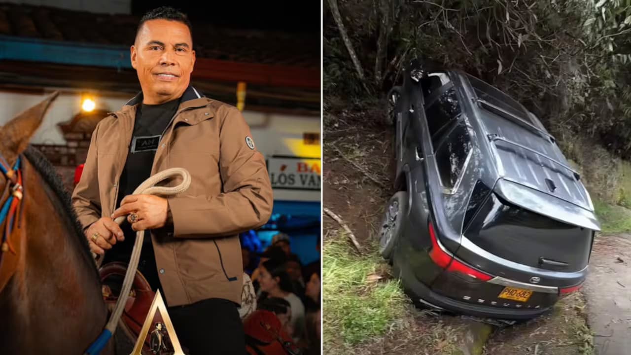 El Andariego a caballo y, a la derecha, la camioneta en la que viajaba, atascada en una cuneta al lado de la vía