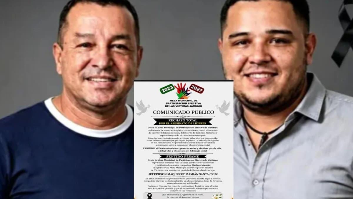 Retratos de las víctimas junto al pronunciamiento público de la Mesa Municipal de Participación Efectiva de Víctimas de Jamundí