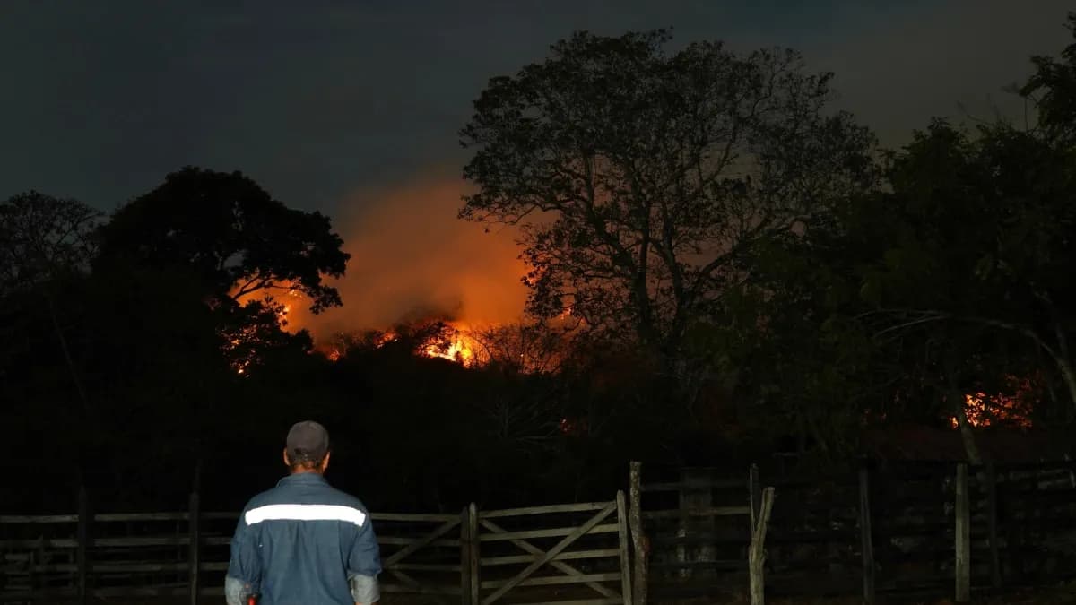 Un hombre de espaldas, con chaqueta reflectiva, observa desde una cerca de madera un frente de fuego que avanza de noche sobre una ladera arbolada