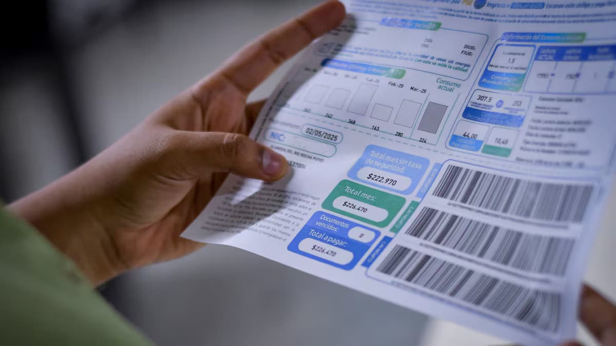 Una persona sostiene una factura de energía con el historial de consumo y el total a pagar