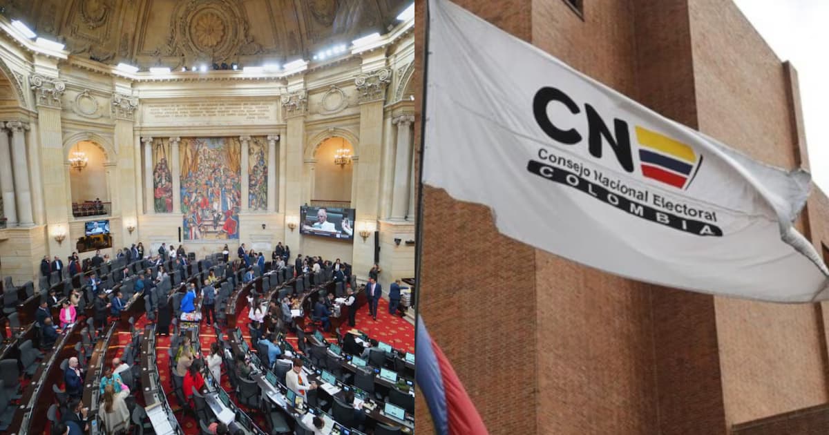 Vista del pleno del Congreso de Colombia junto a la bandera del Consejo Nacional Electoral ondeando frente a su sede